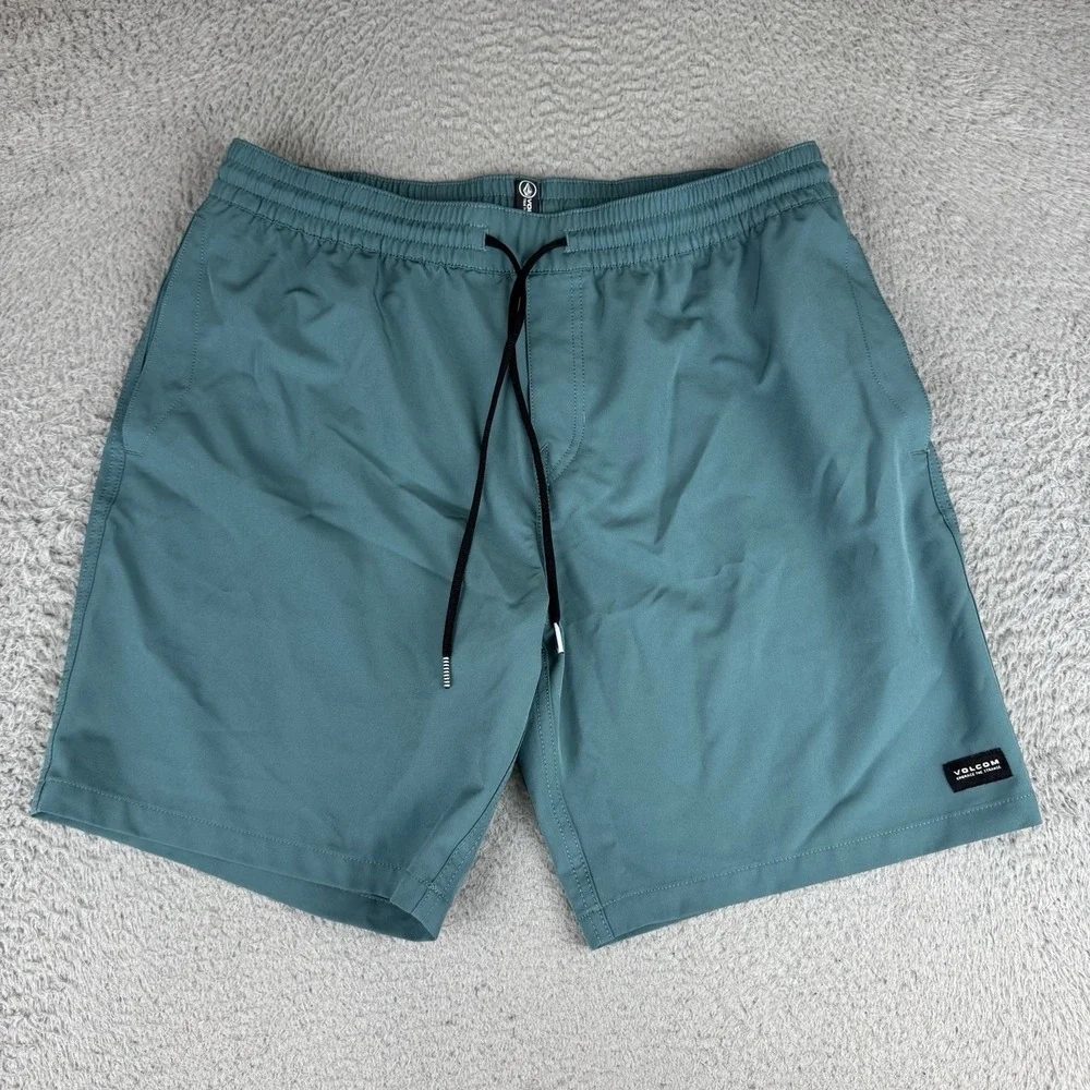 Volcom Swim Trunks Mens Xl Teal Blue Solid Elastic Waist Drawstring Pockets